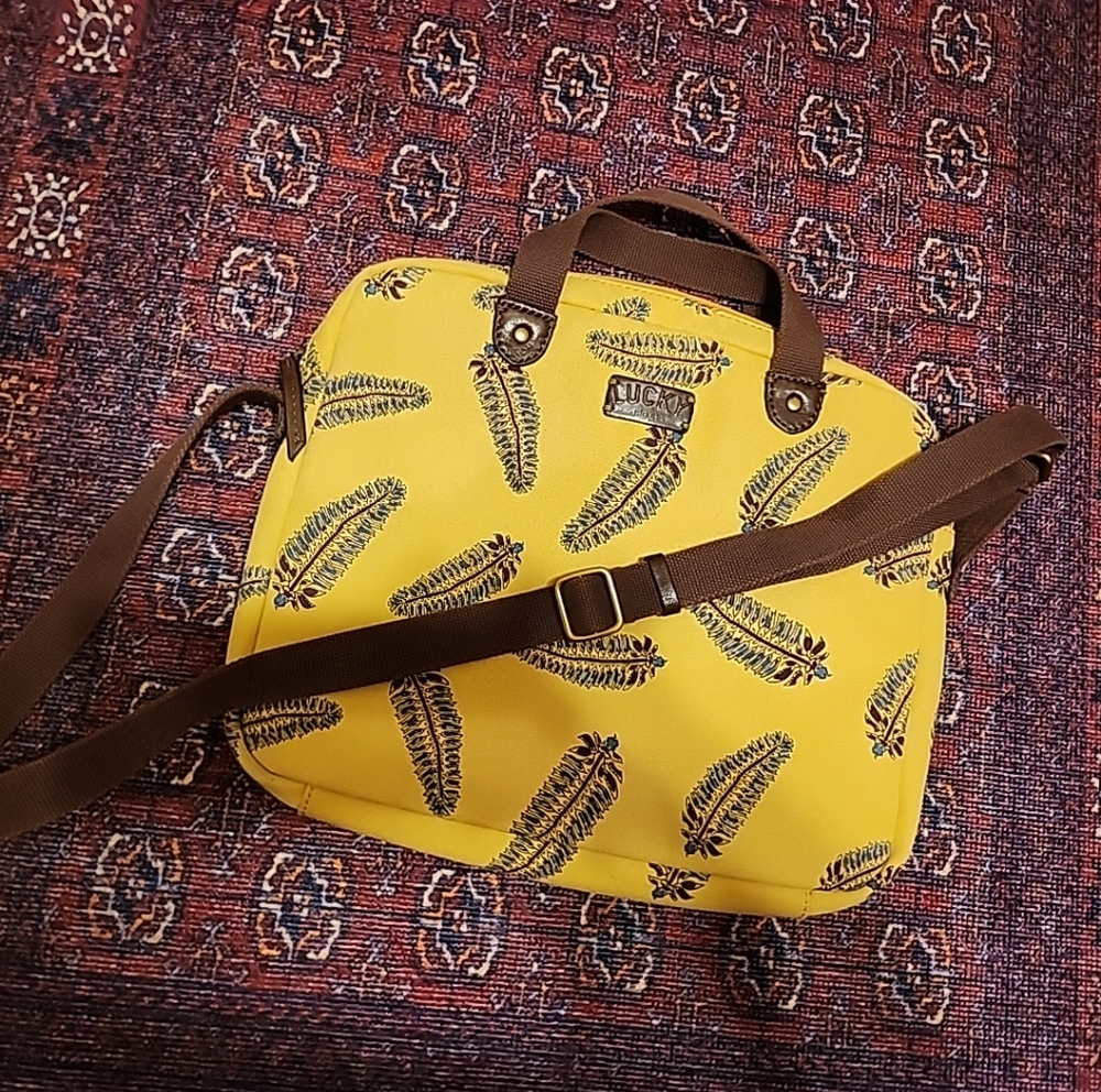 Lucky Brand padded Laptop Canvas Bag carry/crossbody blue feather pattern rare! - Picture 6 of 16